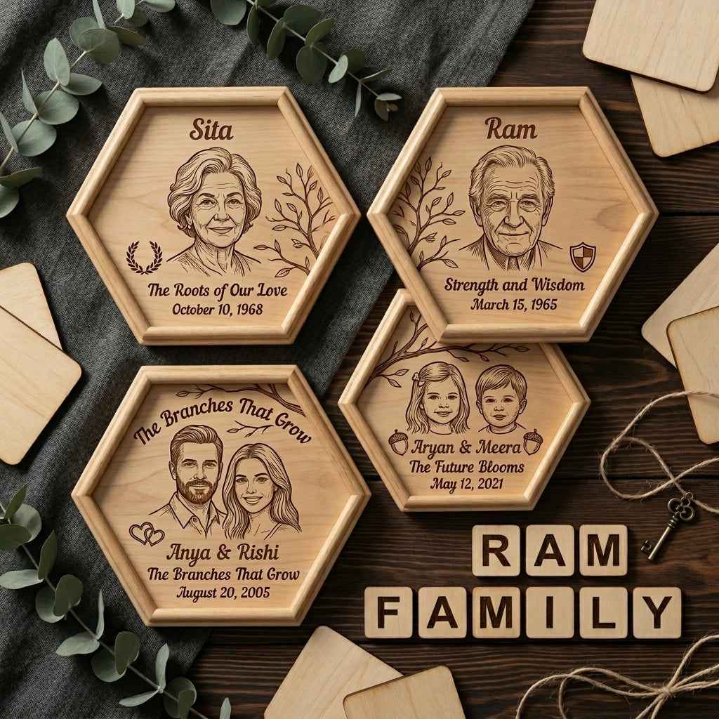The Heritage Hexagon Set | 4-Piece Custom Wooden Family Tree Art