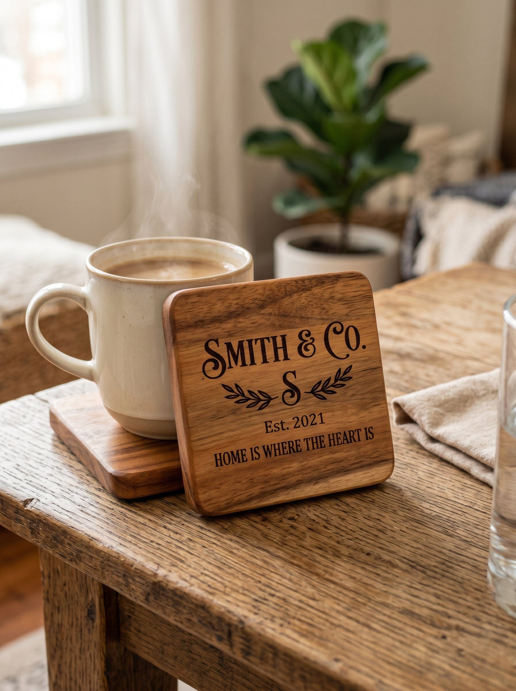 Personalized Wooden Coasters - Premium Hand-Finished Engraved Set of 4