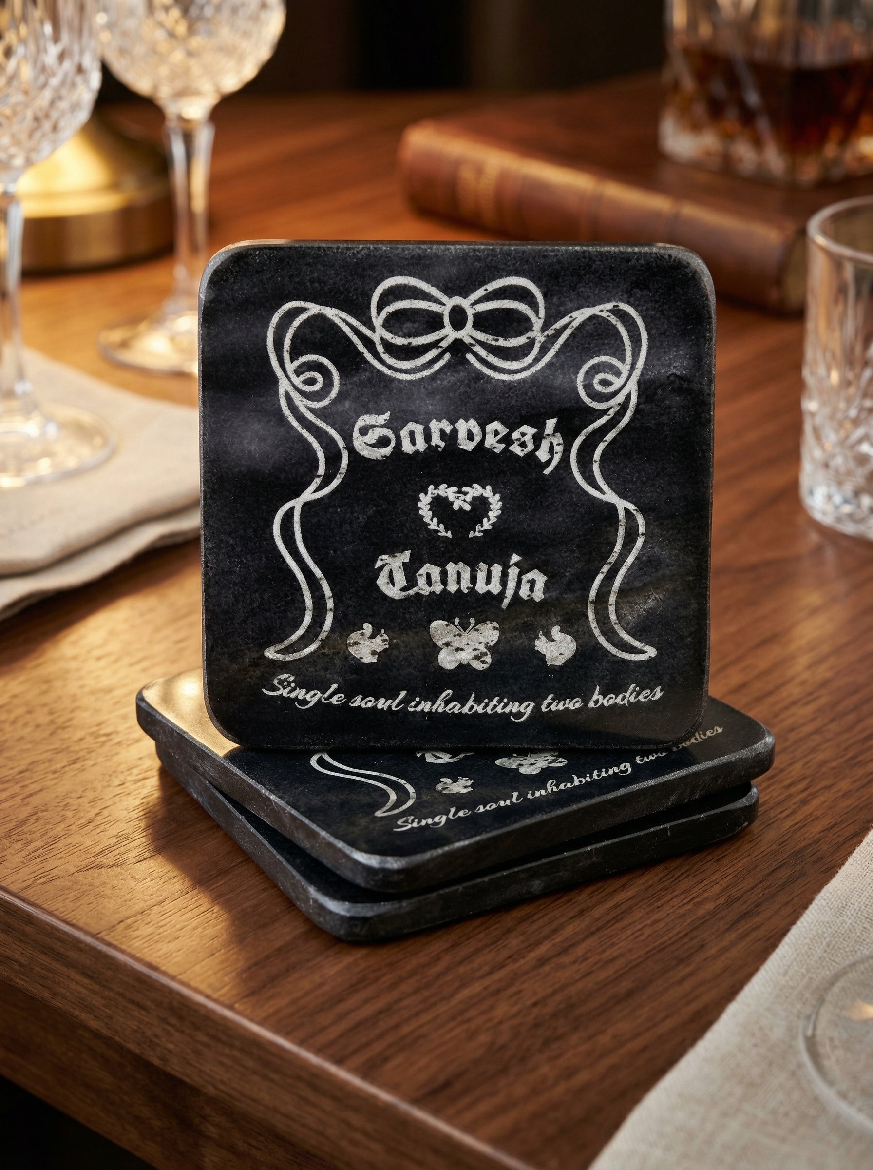Personalized Black marble Coasters Set of 4 - Customizable Drinkware