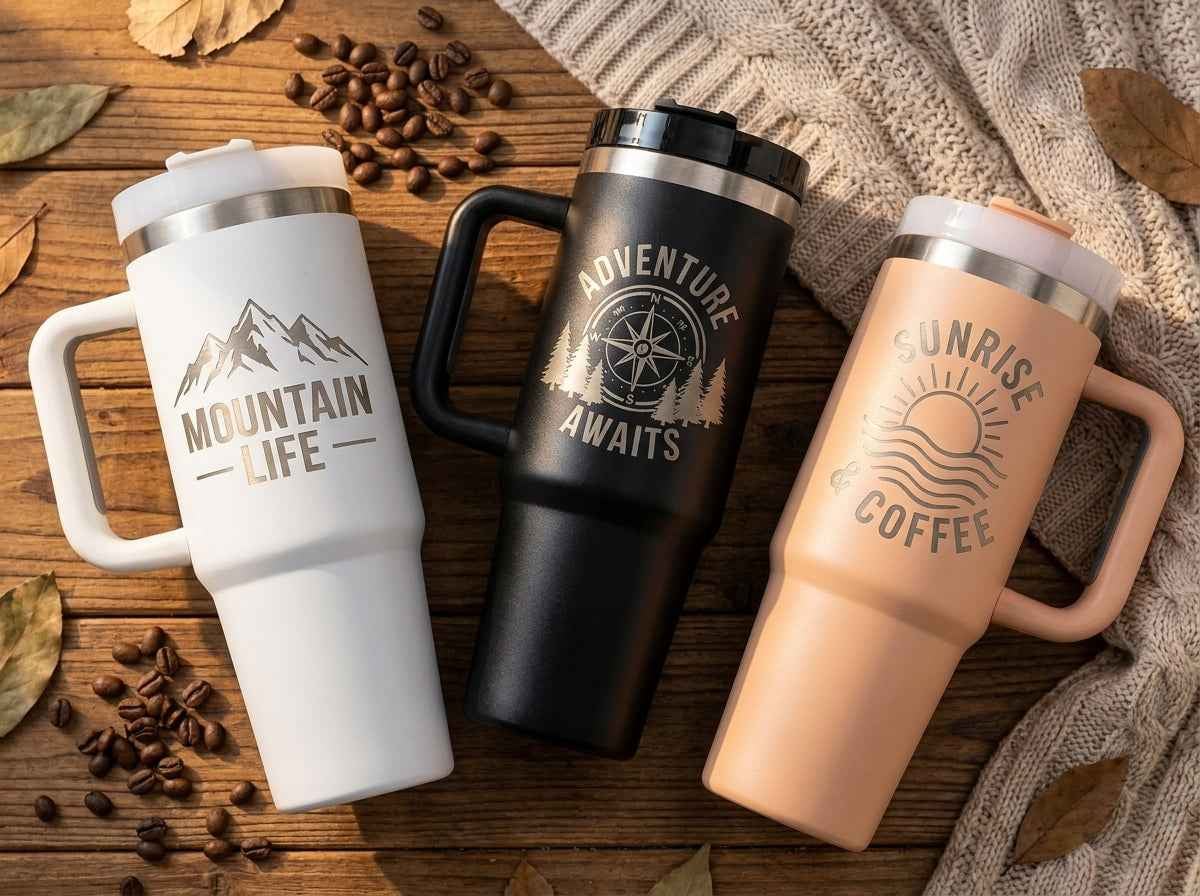 Nomad Personalized Tumbler with Handle – Vacuum Insulated, Custom Laser Engraved