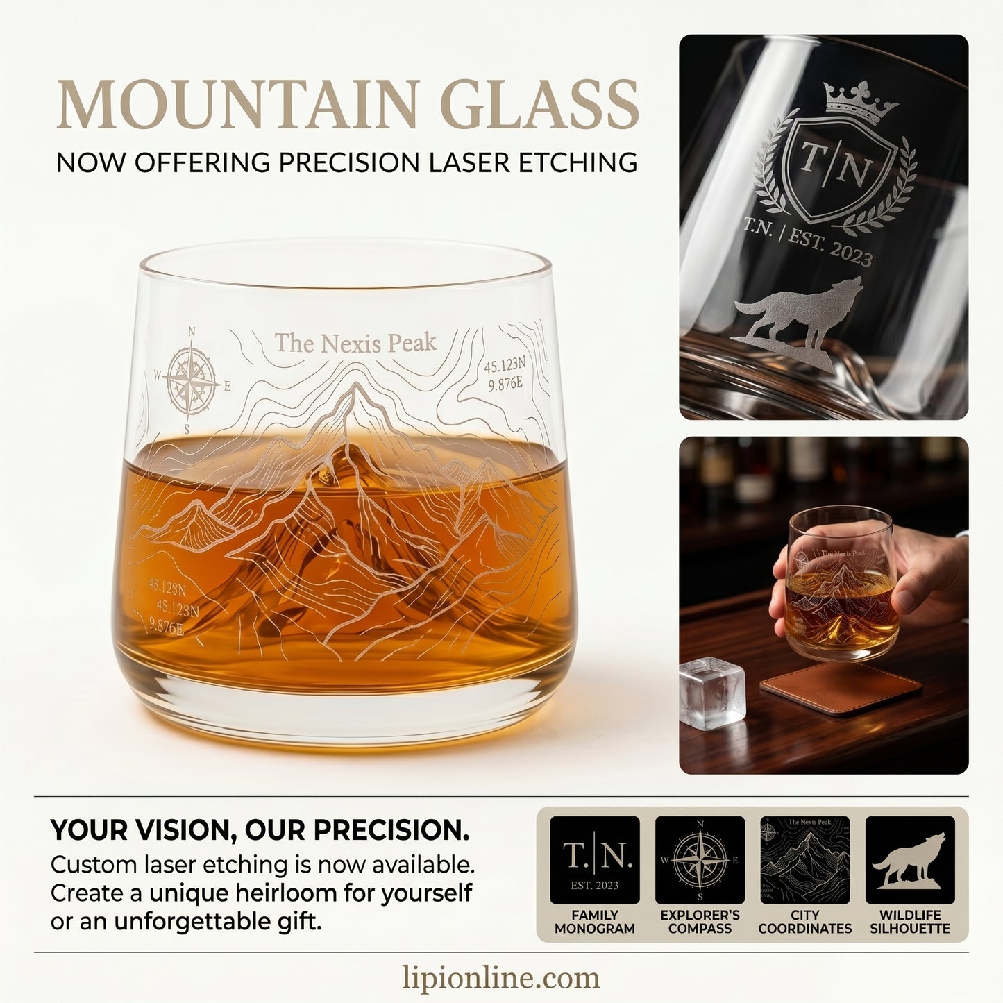 The Summit Heavyweight Whiskey Glass - Precision Laser-Etched Topographical Tumbler