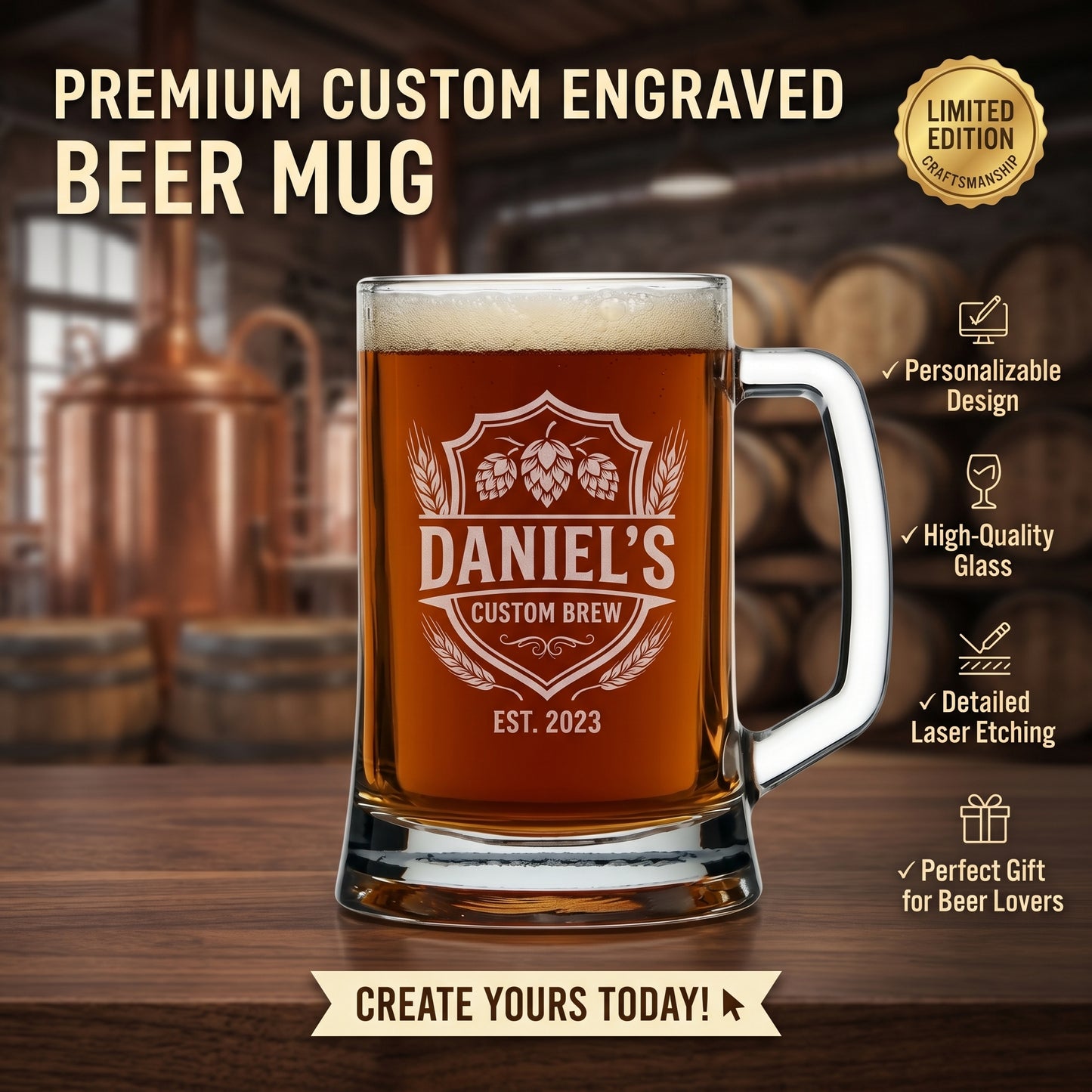 Heavyweight Beer Stein - Precision-Etched Custom Glass for Beer Lovers